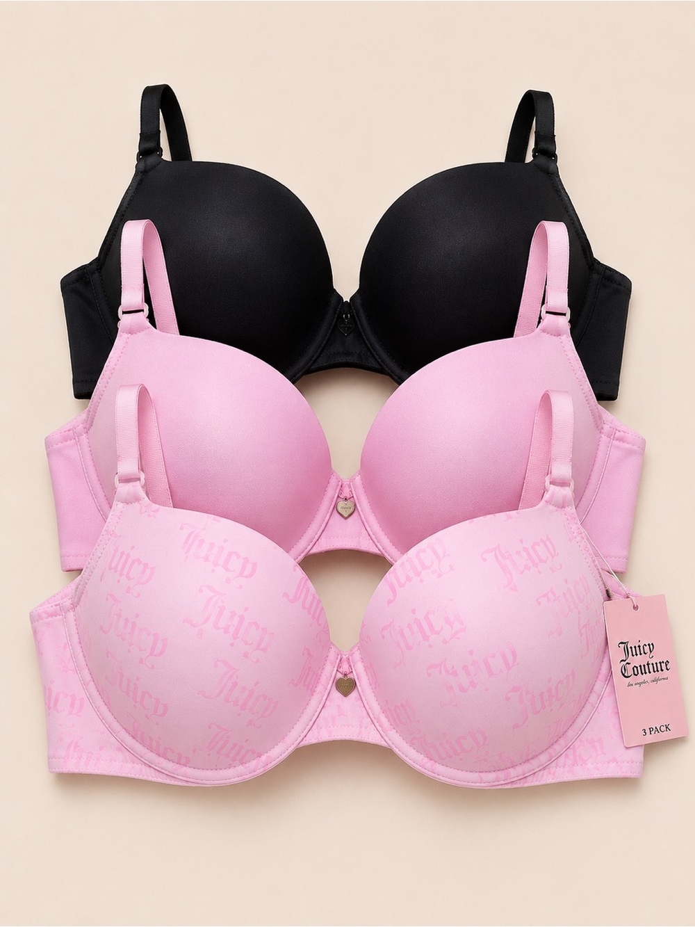 Juicy Couture 3-Pack Push-Up Bras in Black and Pink Tones